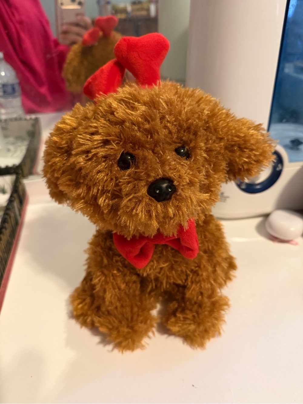 Plush Brown Puppy Dog Toy with Red Bow